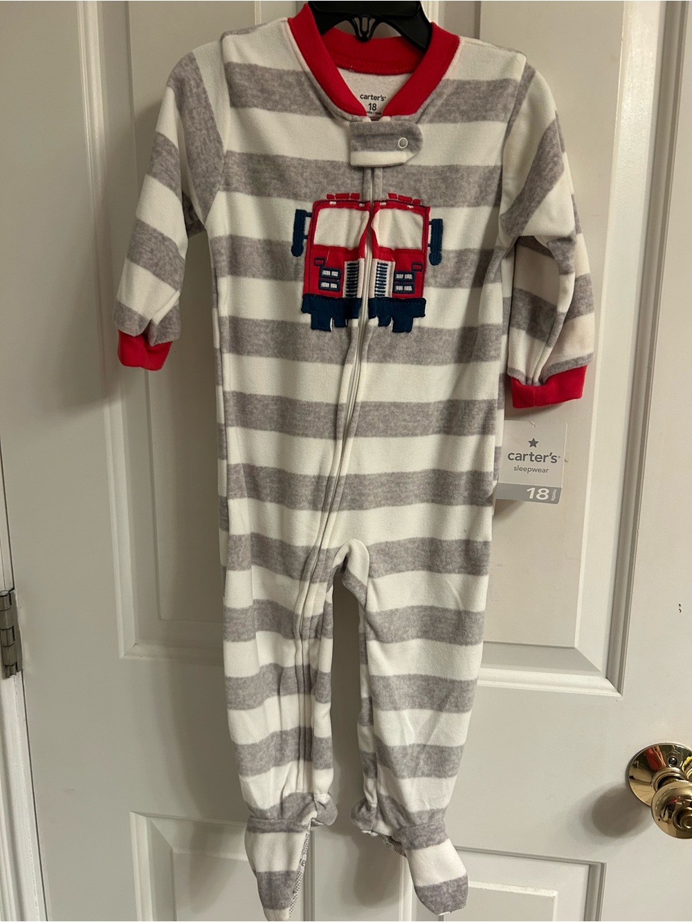 NWT-Carter's White & Gray Striped Footed One-Piece with Red Fire Truck Pajamas